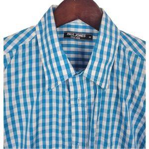 Paul Jones Mens Medium Button Down Shirt Long Sleeve Blue Gingham‎ Check